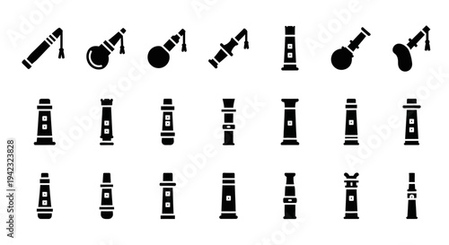 Collection of assorted camera lenses and camera bodies displayed in a grid arrangement from a straightforward viewpoint