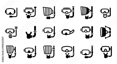 Collection of diving masks and snorkels in various designs and illustrations