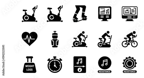 A collection of fitness icons depicting various exercise equipment and activities in a modern digital illustration style