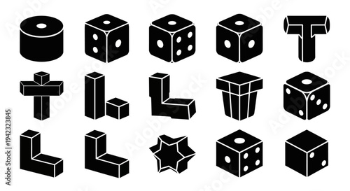 Collection of various 3D geometric shapes and icons displayed on a clean white background from a straightforward viewpoint