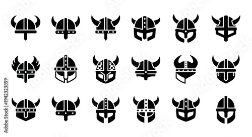 Collection of Medieval Helmets and Armor Mask Icons in Various Designs and Styles
