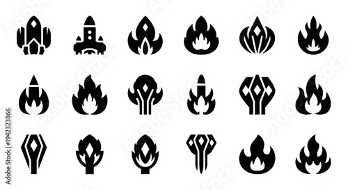Collection of abstract flame and leaf icons in black on a clean background from a straightforward viewpoint