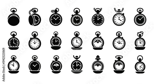 Collection of various pocket watches displayed in a grid on a plain white background from a frontal viewpoint