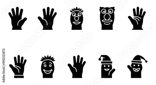 Collection of diverse cartoon hands showcasing various gestures and facial expressions in a simple illustration style