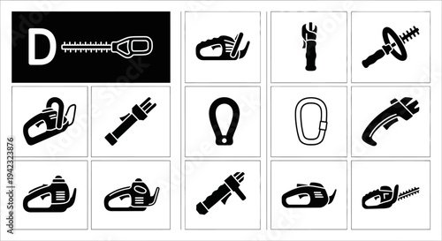 Collection of various chainsaw icons displayed in a grid layout on a plain background viewed from directly above