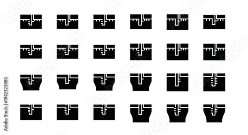 A grid of twenty black icons with white circuit board designs on a white background, viewed from directly above, showcasing technology and electronics