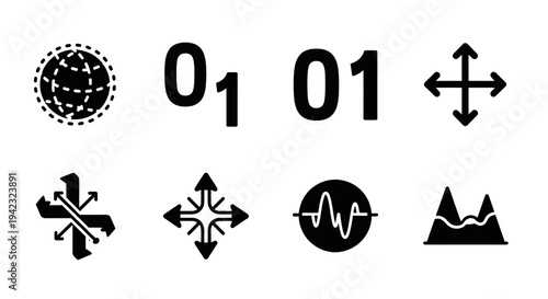 A collection of minimalistic black icons representing various abstract concepts and symbols on a plain background