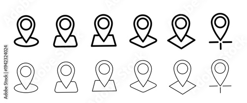 Set of map pin icons and navigation location symbols featuring various stroke weights and geometric pointer designs