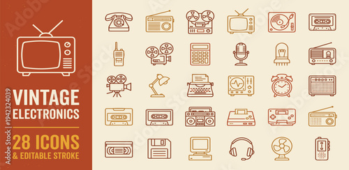 A collection of 28 vintage electronics icons displayed on a beige background from a straightforward viewpoint