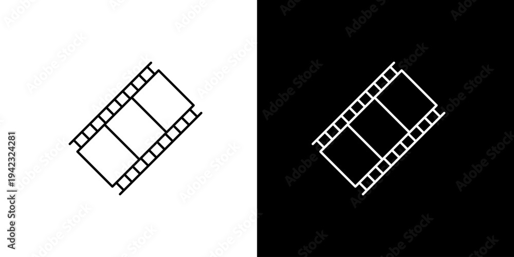 Fototapeta premium Filmstrip icon with perforated edges on white and black backgrounds, conceptualizing cinema and media