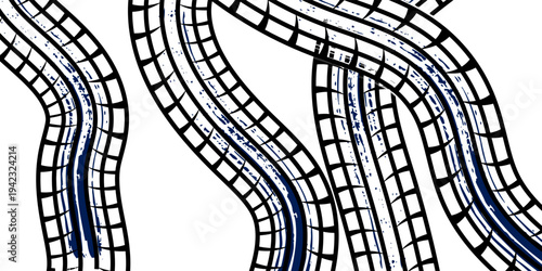 Grunge tire track, wheel braking marks. White truck, car or motorcycle tread pattern silhouette. Auto race, motorsport, speed racing design element. Vector illustration