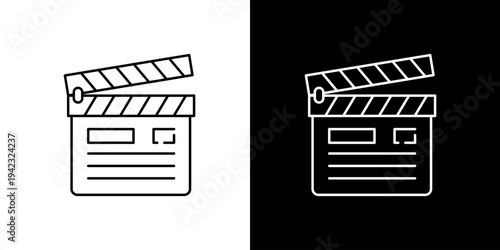 Simple line art icons of a film clapperboard on white and black backgrounds for movie production or filmmaking