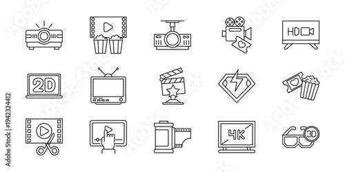 Collection of cinema and movie-related icons including popcorn, film reels, 3D glasses, and projector