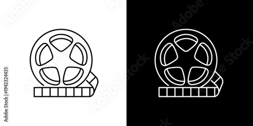 A black and white line art icon illustration of a film reel with a strip of film