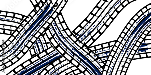 Grunge tire track, wheel braking marks. White truck, car or motorcycle tread pattern silhouette. Auto race, motorsport, speed racing design element. Vector illustration