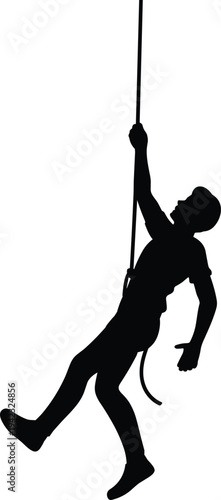 Black Silhouette of a Person Hanging on a Rope Wearing Climbing Harness Isolated on White Background for Extreme Sports Illustration