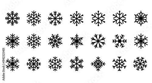 Black snowflakes, winter icons, snowflake designs, frosty patterns, 20 snowflake shapes