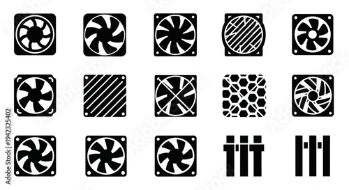 Industrial icons, mechanical symbols, 16 fan and gear graphics, black and white vector set