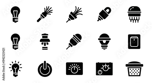Black light bulb, lamp and electrical icons set, 15 vector symbols for energy, power and lighting concepts