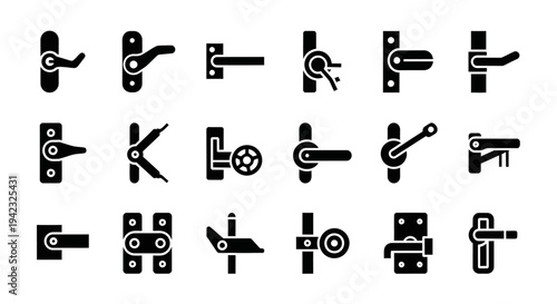 Door handle icons, door lock symbols, 20 black hardware illustrations, vector set