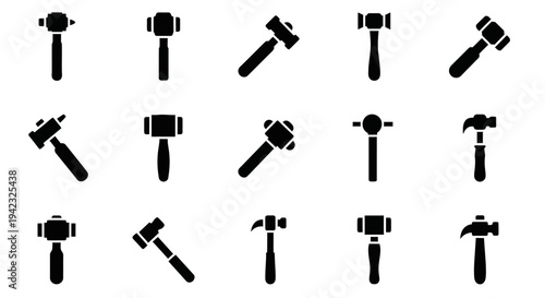 Black hammer icons, hammer silhouettes, 16 tool symbols, vector graphics, construction tools