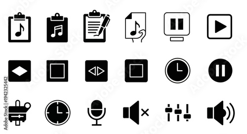 Multimedia icons set, 20 black vector symbols, play pause stop buttons, audio video controls, media player elements