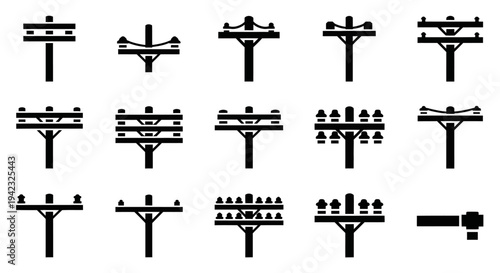 Utility pole icons, power line symbols, electricity pylons, black silhouette graphics, 15 vector graphics