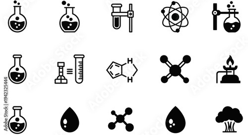 Science, chemistry, laboratory icons, 16 black and white vector symbols, lab equipment, molecular structures