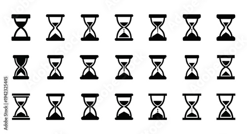 Hourglass icons, black and white timer symbols, vector clock illustrations, time management graphics, 20 sand timer elements