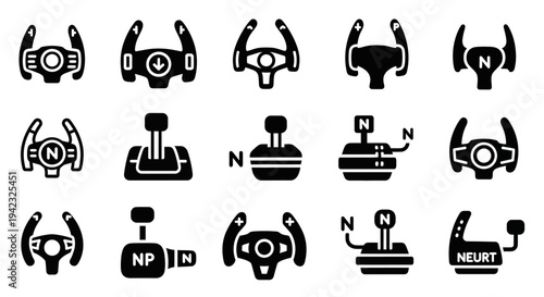Transmission Gearbox Icons, 16 Car Gear Shift Vector Symbols, Automotive Control Stick Illustrations, Black Manual Gearbox Buttons
