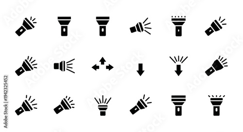 Black light bulb icons, vector lamp symbols, 20 illumination graphics, electricity signs