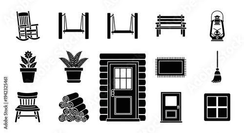 Black and white cabin icons, rustic furniture, and gardening tools, 13 piece vector set