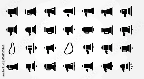 Megaphone icons, loudspeaker symbols, 25 black vector graphics, communication signs, announcement elements