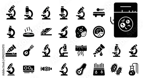 Science, laboratory, microscope icons, 25 lab equipment symbols, black vector set