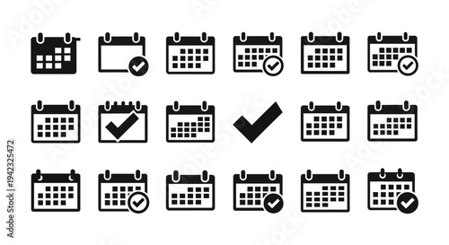 Calendar icons, black and white calendar symbols, date planner graphics, schedule planner elements, 20 icons set