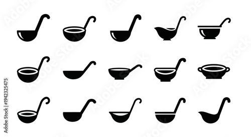 Black ladle icons, kitchen utensil set, cooking symbols, vector graphics