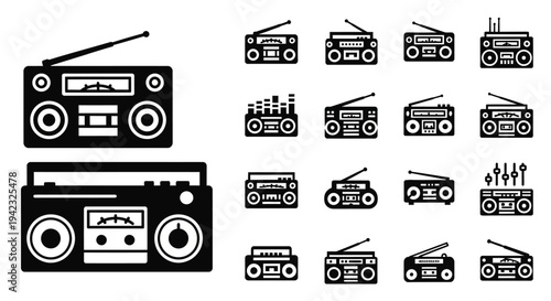 Retro boombox, vintage radio, black and white icons, 16 vector graphics, sound equipment set
