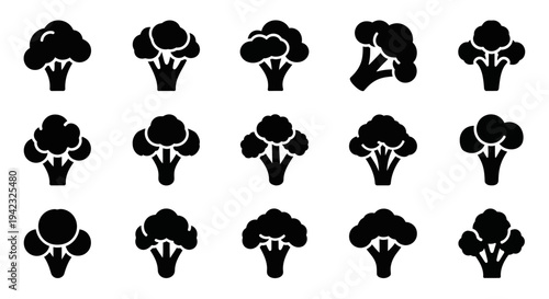 Black cauliflower icons, vegetable silhouettes, food symbols, healthy eating graphics, 15 icon set