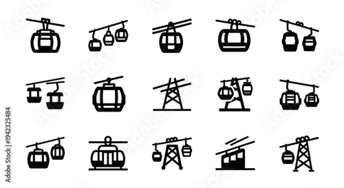 Cable car, ski lift, gondola icons, transportation symbols, vector graphics