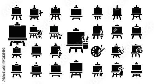 Easel icons, black silhouette painting tools, art studio symbols, 25 graphic elements