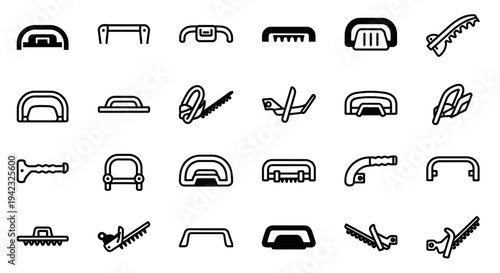 A versatile assortment of vector line icons depicting various handle, grip, and buckle designs, ideal for interface elements, accessory illustrations, and functional component representations