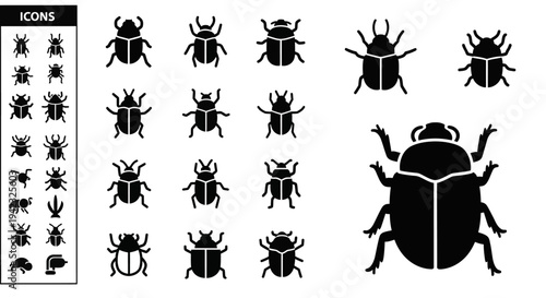 Detailed multi-icon collection showcasing various beetle and insect silhouettes, perfect for nature-themed projects, educational resources, and graphic design assets