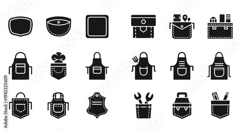 Versatile collection of silhouette apron icons, depicting various workwear styles for culinary, crafting, gardening, and skilled trade professionals in graphic design