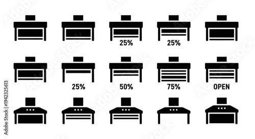 Diverse vector icon set illustrating modern garage doors in various open and closed positions, ideal for user interface design, construction graphics, and architectural plans