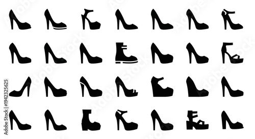 Collection of black and white shark icons in various dynamic poses, alongside a calendar and a diverse range of general graphic symbols, suitable for modern digital design assets