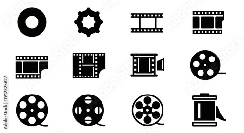 Diverse collection of black and white vector icons featuring film reels, movie strips, and camera symbols. Perfect for modern cinema, video production, and media graphic design projects