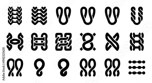 Collection of abstract graphic symbols and minimalist knot patterns, featuring diverse interconnected looping designs for contemporary visual branding, web assets, and creative projects