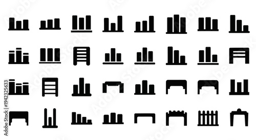 Comprehensive collection of diverse data visualization icons and graphic elements for business analysis, financial reports, statistical charts, and market trend tracking, representing growth