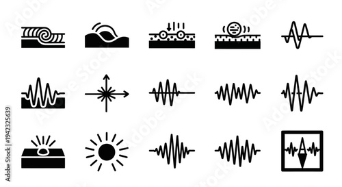 Abstract Wave and Signal Icons Collection. Illustrating Frequencies, Energy Transmission, Sound, Light, and Scientific Phenomena for Technology and Communication Designs