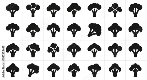 A versatile collection of black silhouette broccoli vector icons, showcasing diverse styles suitable for healthy food apps, nutrition guides, grocery store branding
